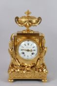 LEPAUTE. A SUPERB LOUIS XVTH GILT BRONZE CLOCK with urn finial, ribbon motifs, eight-day movement