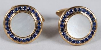 A PAIR OF 9CT YELLOW GOLD, SAPPHIRE AND MOTHER-OF-PEARL CUFFLINKS.