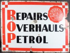 A LARGE VINTAGE ROP OILS ENAMEL SIGN, REPAIRS, OVERHAUL, PETROL, Use ROP Oils too. 90cms x 120cms.