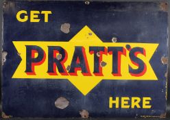 A LARGE VINTAGE GET PRATTS HERE ENAMEL SIGN. 76cms x 107cms.