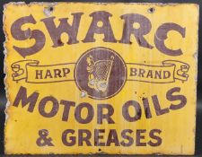 A VINTAGE SWARC HARP DOUBLE-SIDED ENAMEL SIGN for Swarc Harp Motor Oils with the Harp brand. 40cms x