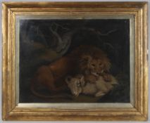BENJAMIN ZOBEL (1762-1830). A George III Sand Picture. A Lion with a Sheep. Framed and glazed. 19ins