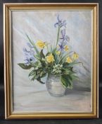 W F GILES 'Flowers in a Ginger Jar' oil on canvas board, signed, inscribed on the artists label
