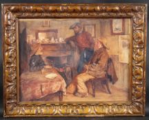NEWLYN SCHOOL (19TH CENTURY) Interior scene of three fisherman at a fireplace, watercolour, 35 x