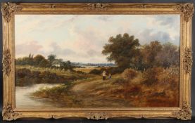 JAMES EDWIN MEADOWS (1828-1888) Landscape with two women resting by the bend in a river, oil on