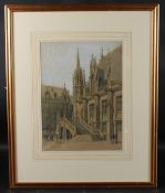 ATTRIBUTED TO CECIL HUGHES (EARLY 20TH CENTURY) View of figures at the steps of a building, possibly