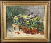 EUGENE CLAUDE (1841-1922) Pansies and other flowers in a wooden planter, oil on canvas signed, 58