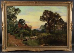 YEEND KING Woodland landscape with shepherd and sheepdog bringing home the flock. oil on canvas,