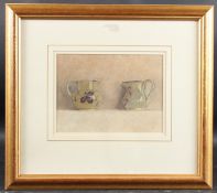 SUE READ (CONTEMPORARY) Two jugs on a shelf, watercolour, signed with initials, 17.5 x 23.5cm