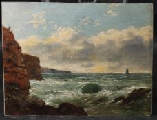 E J NIEMANN Coastal view with cliffs, oil on board, signed, unframed 21 x 28cm