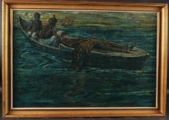 WEEKS Figures in a canoe, oil on canvas, signed, 52.5 x 79cm