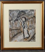 DORA HOLZHANDLER (1928-2015) Woman with an umbrella in the rain, watercolour signed and dated 2002
