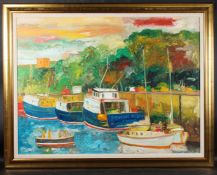 JOHN BELLANY (1943-2013) Exmouth Harbour oil on canvas signed 90 x 120cm