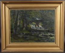 CIRCLE OF STANLEY ROYLE Woodland scene with waterfall below an arched bridge, oil on board, 30 x