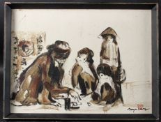 NGN LAM Figures playing a game of chance, oil on canvas, signed with red seal 30 x 40cm