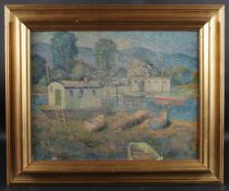 IMPRESSIONIST SCHOOL (20TH CENTURY) Continental river landscape with houseboat, oil on board, 36 x