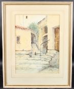 LINDSAY (20TH CENTURY) View of cats on steps between houses, watercolour, signed, 37 x 27cm