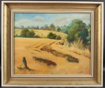 PRU TAPLEY Landscape with cornfields oil on canvas, signed 39.5 x 49.5cm