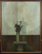 BRITISH SCHOOL (MID 20TH CENTURY) Sunflowers in a vase on a plinth, oil on canvas, indistinctly