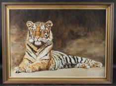 MICHAEL HAMPTON 'Siberian Tiger (Juvenile)' watercolour, exhibition label verso, 52 x 73cm