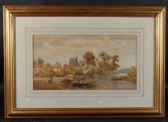 BRYAN WHITMORE (1836-1903) River landscape with figures and church watercolour, signed, 22.5 x 42.