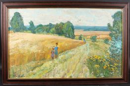NIKOLAY ELTYSHEV (1922-2000) Landscape with figures walking through a cornfield, oil on canvas