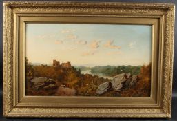 NIEMANN (19TH CENTURY) River landscape with castle and figures on a path, oil on canvas, signed,