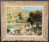 LAURENT GSELL (1860-1944) River landscape with hillside village and women washing clothes, oil on