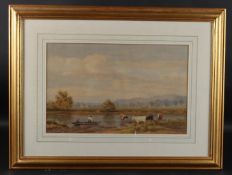 BRYAN WHITMORE (1836-1903) River landscape with figures and cattle, watercolour, signed, 28.5 x