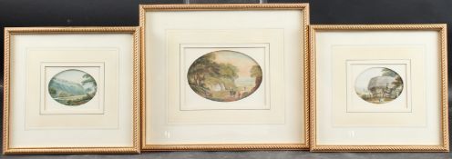 ENGLISH SCHOOL (19TH CENTURY) Three landscape vignettes, watercolours, in oval mounts 7 x 9cm and 10