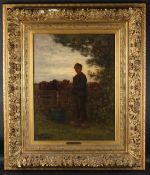 BERNARDUS JOHANNES BLOMMERS (1845-1914) Boy by a fence with cattle, oil on panel, signed and