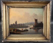 CONTINENTAL SCHOOL (19TH CENTURY) River view with town and moored boats oil on panel 21 x 26cm