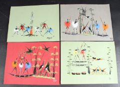 WEST AFRICAN SCHOOL Figures dancing and canoeing set of four gouaches on paper, each with a