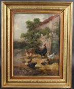 LOUIS-MARIE LEMAIRE (1824-1910) Scene of chickens in a farmyard, oil on canvas, signed, 39.5 x 29cm