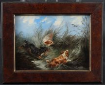 19TH CENTURY SCHOOL Hounds wildfowling amongst reeds, oil on panel, signed with initials ESN dated