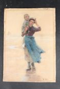 HECTOR CAPPIERI Fishergirl with child on her shoulders, watercolour heightened with white, signed,