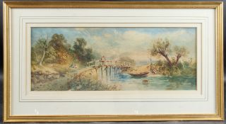 ENGLISH SCHOOL (19TH CENTURY) Landscape with figures on a bridge, watercolour, 18 x 46.5cm
