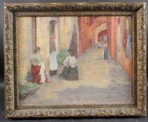 20TH CENTURY SCHOOL View of women in a continental street, oil on board, signed indistinctly