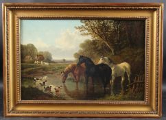 AFTER HERRING Horses at a duck pond oil on canvas, bears signature 29 x 45cm
