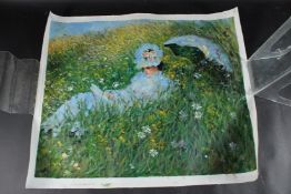 AFTER CLAUDE MONET Lady in a wild flower meadow oil on canvas unstretched and unframed, 61 x 76cm
