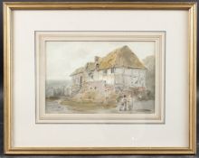 ENGLISH SCHOOL (EARLY 19TH CENTURY) Two figures beside a half timbered house, watercolour, Sabin