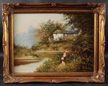 LES PARSON (b.1945) Children fishing on a riverbank, oil on canvas, signed, 29 x 39.5cm