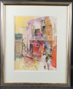 DEBORAH GOURLAY (20TH CENTURY) Caribbean street scene, collage and mixed media signed, 44 x 34.5cm