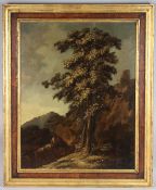 CONTINENTAL SCHOOL (19TH CENTURY) Drover and cattle on a mountain path with trees, oil on panel,