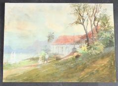 ATTRIBUTED TO IRVINE HOMER figures approaching a lakeside building, watercolour and gouache,