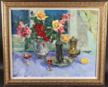 MIKHAIL ZHAROV (CONTEMPORARY) Still life with roses, wine bottle and glasses, oil on canvas, signed,