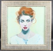 CONTEMPORARY SCHOOL Head and shoulder portrait of a woman, oil on board, 45.5 x 45.5cm