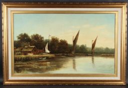 PERCY LIONEL (LATE 19TH CENTURY EARLY 20TH CENTURY) Wherries on the Broads with boathouses amongst