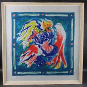 EDUARD PIGNON (1905-1993) Two fighting cocks screenprint on silk, signed and dated '74 in the print,