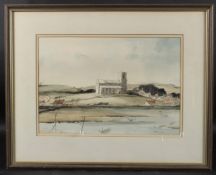 LESLIE L HARDY MOORE 'Morston Church, N Norfolk' ink and watercolour, signed, inscribed on back